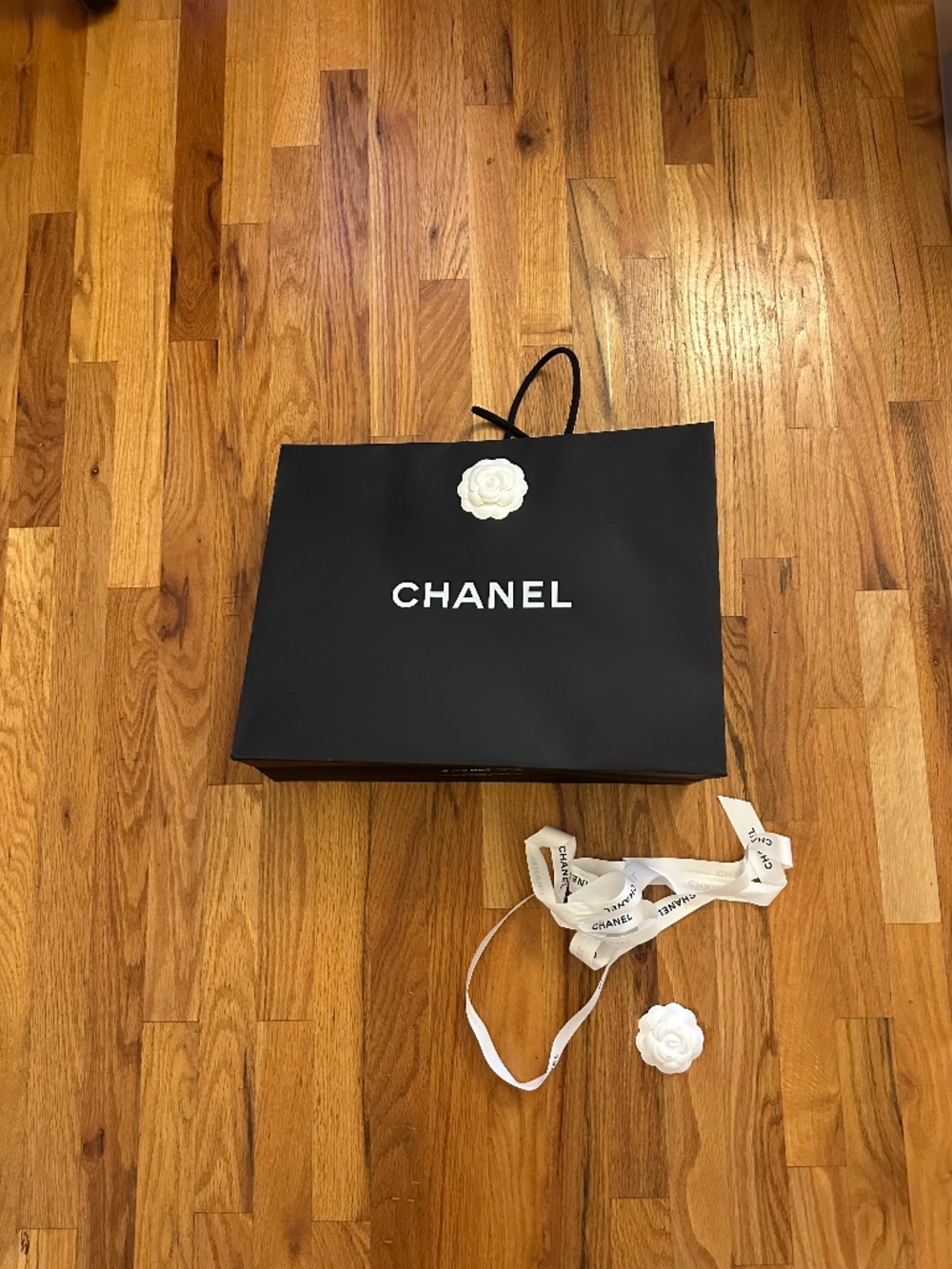 CHANEL Large Black Shopping Gift Bag Camellia Flower Ribbon Authentic Packaging